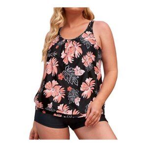 Plus Size Tankini Orange Black Floral Top w/ Black Shorts Size 24W NWT #6922